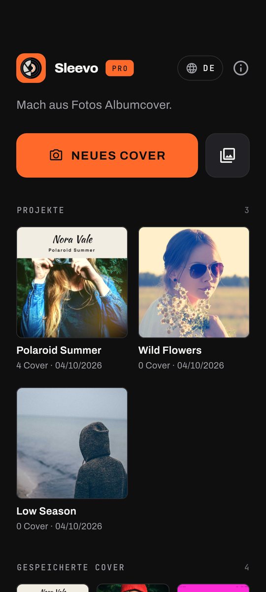 Startbildschirm der Sleevo-App: Button „Neues Cover“, deine Projekte und deine gespeicherten Albumcover
