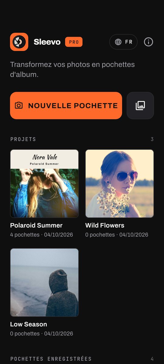 Écran d'accueil de l'app Sleevo : bouton Nouvelle pochette, vos projets et vos pochettes enregistrées