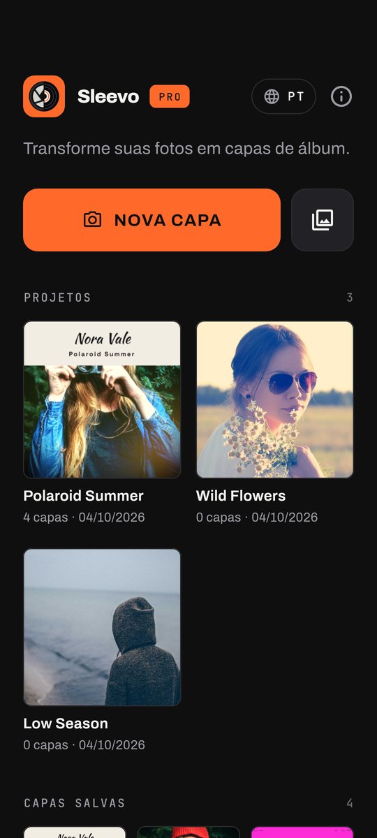 Tela inicial do app Sleevo: botão Nova capa, seus projetos e suas capas salvas