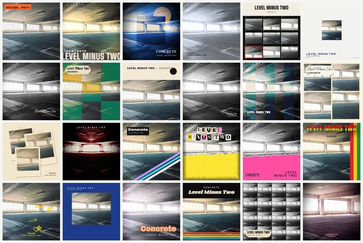 One parking garage photo and the 23 covers Sleevo made from it, one per genre